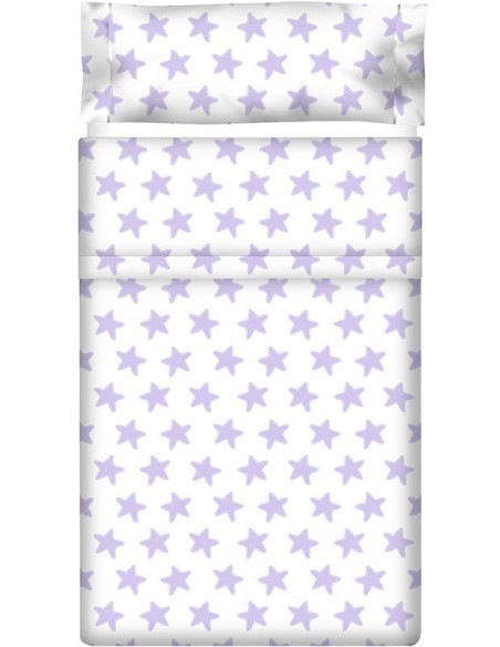 Juego de sábanas "Algodón" Estrellas Lila - Fondo Blanco - 2 Piezas