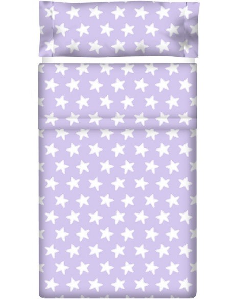 Juego de sábanas "Algodón" Estrellas Blancas - Fondo Lila - 3 Piezas