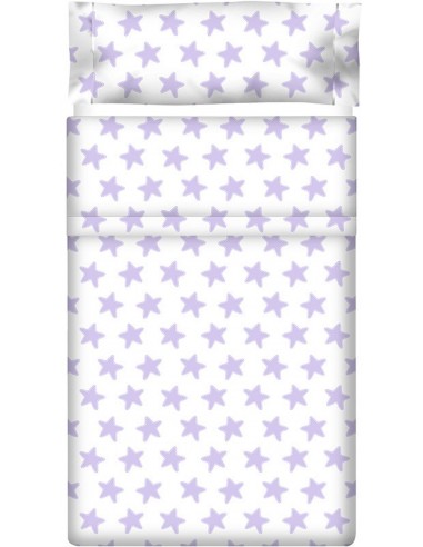 Juego de sábanas "Algodón" Estrellas Lila - Fondo Blanco - 3 Piezas