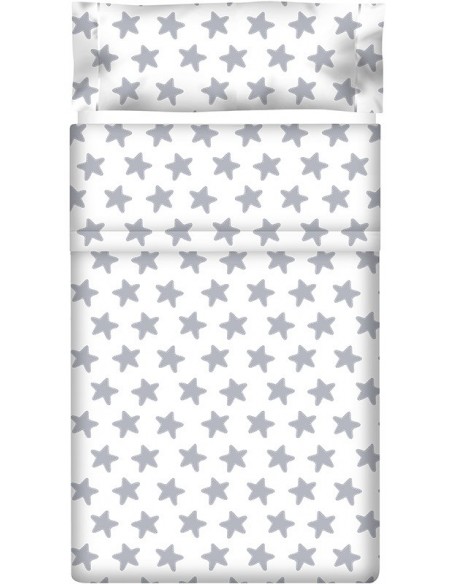 Juego de sábanas "Algodón" Estrellas Gris Luna - Fondo Blanco - 2 Piezas
