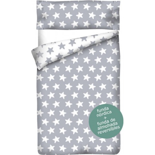 Funda nórdica Reversible "Algodón" Estrellas Blancas - Fondo Gris Luna - 3 Piezas