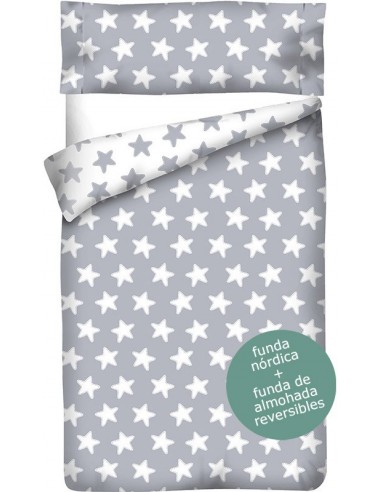 Funda nórdica Reversible "Algodón" Estrellas Blancas - Fondo Gris Luna - 2 Piezas