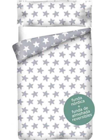 Funda nórdica Reversible "Algodón" Estrellas Gris Luna - Fondo Blanco - 3 Piezas