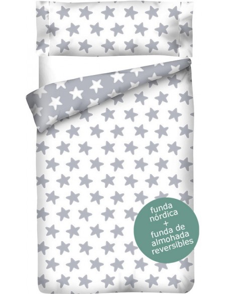 Funda nórdica Reversible "Algodón" Estrellas Gris Luna - Fondo Blanco - 2 Piezas