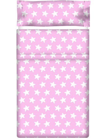 Juego de sábanas "Algodón" Estrellas Blancas - Fondo Rosa - 3 Piezas