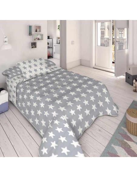 Edredón Reversible "Algodón" Estrellas Blancas - Fondo Gris Luna