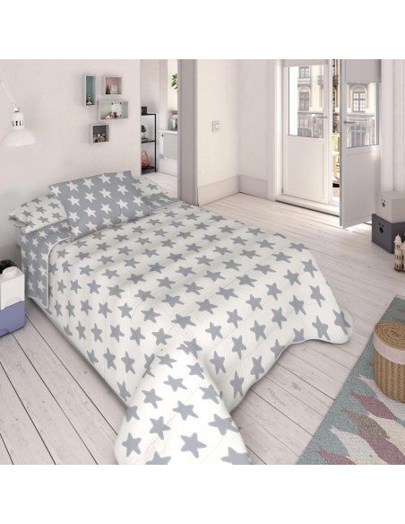 Edredón Reversible "Algodón" Estrellas Gris Luna - Fondo Blanco
