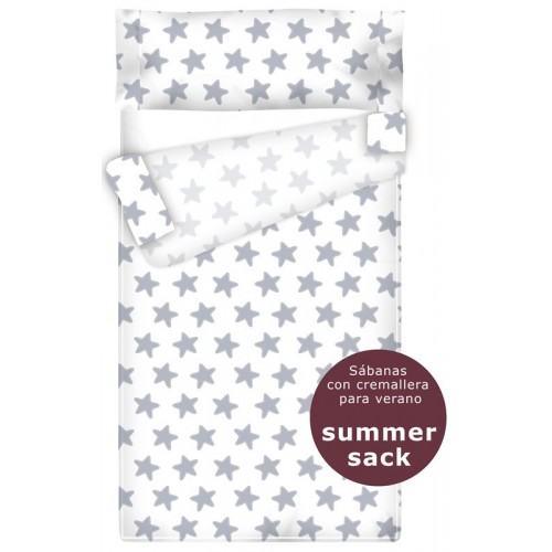 Summer Sack - Sábana con Cremallera "Algodón" Estrellas Gris Luna - Fondo Blanco