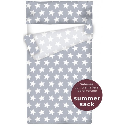 Summer Sack - Sábana con Cremallera "Algodón" Estrellas Blancas - Fondo Gris Luna